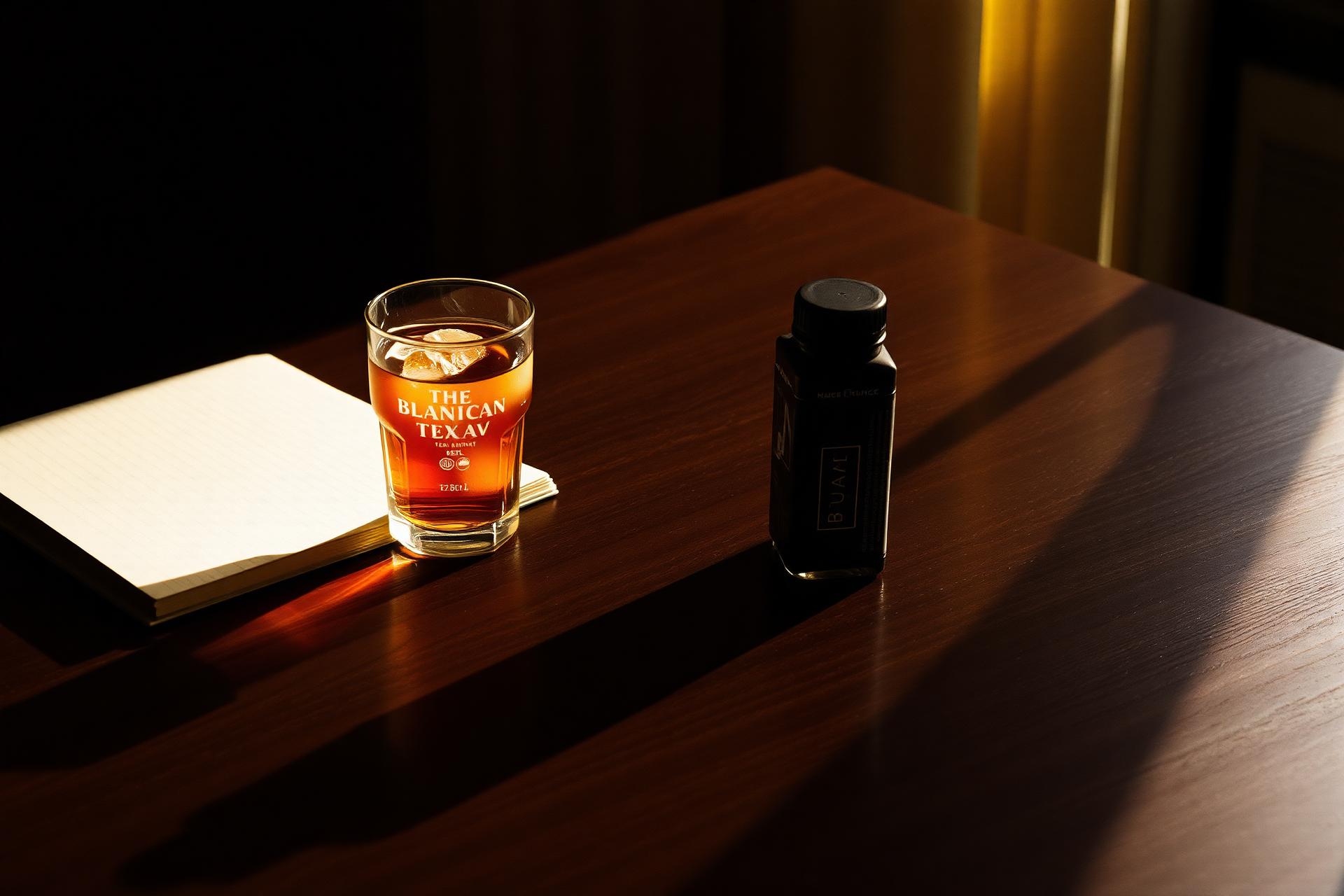 Glass of iced yaupon tea and a black concentrate bottle in late afternoon light