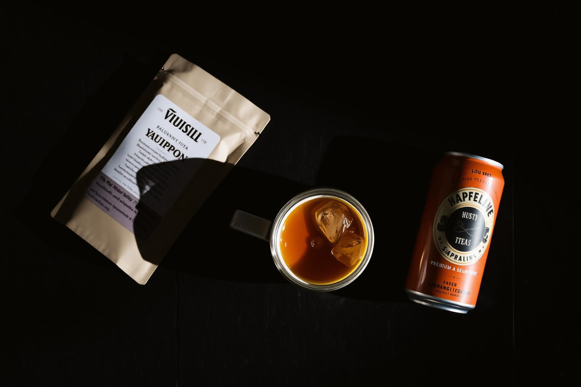 Yaupon tea pouch beside hot mug, iced jar, and sparkling can on dark slate