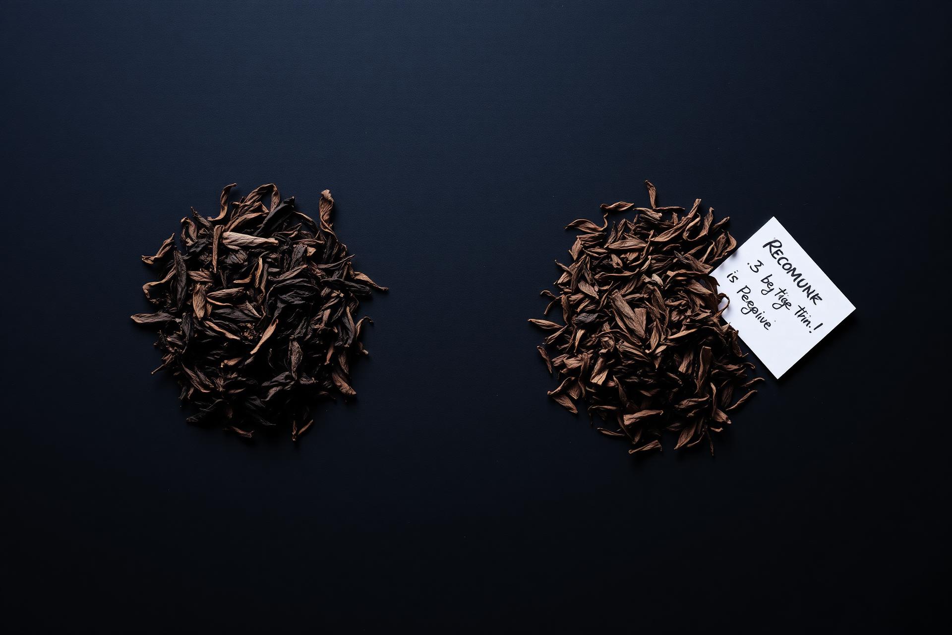 Two piles of dried tea leaves compared side by side on matte black