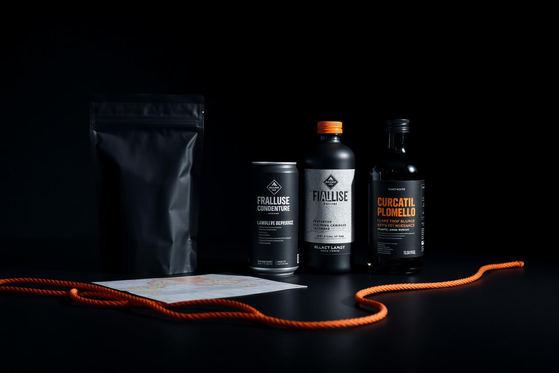 Three Wild Ration products lined up on dark technical surface with orange rope and topo map