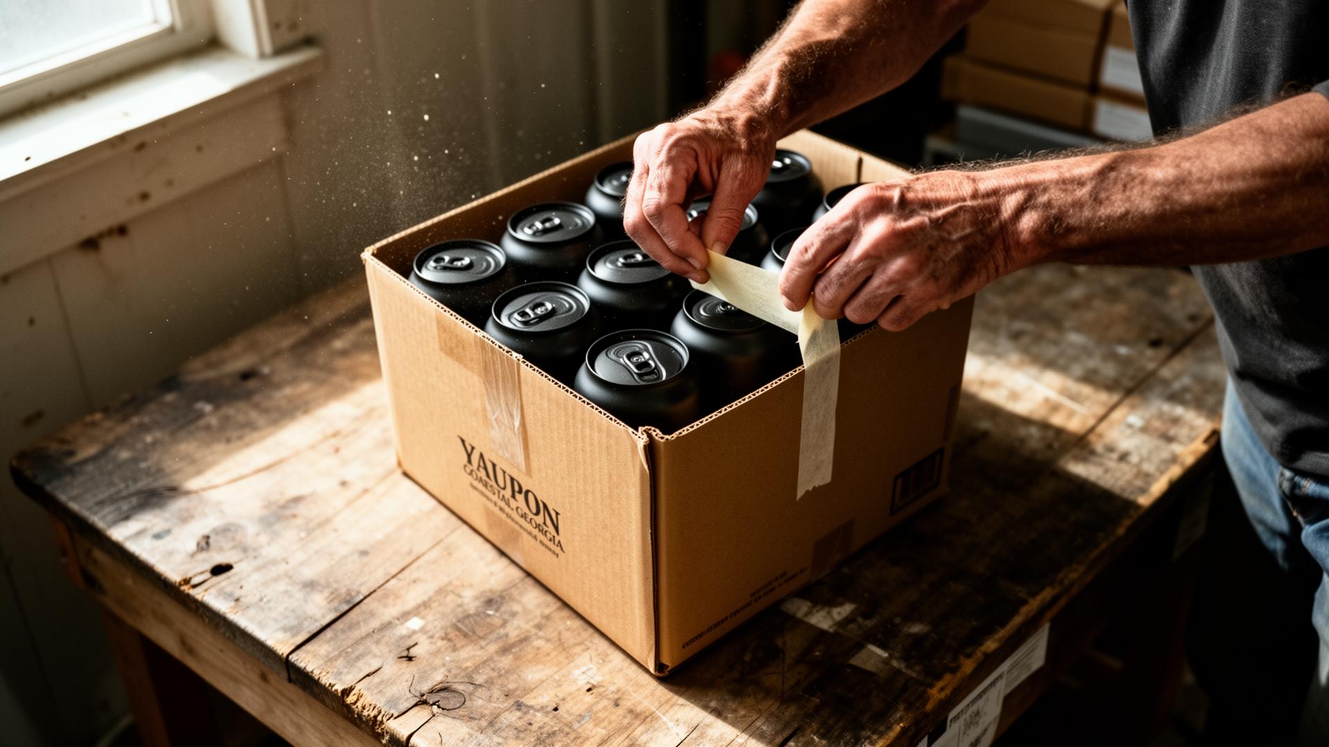 Hands sealing a kraft cardboard case full of matte-black yaupon cans on a weathered wood table