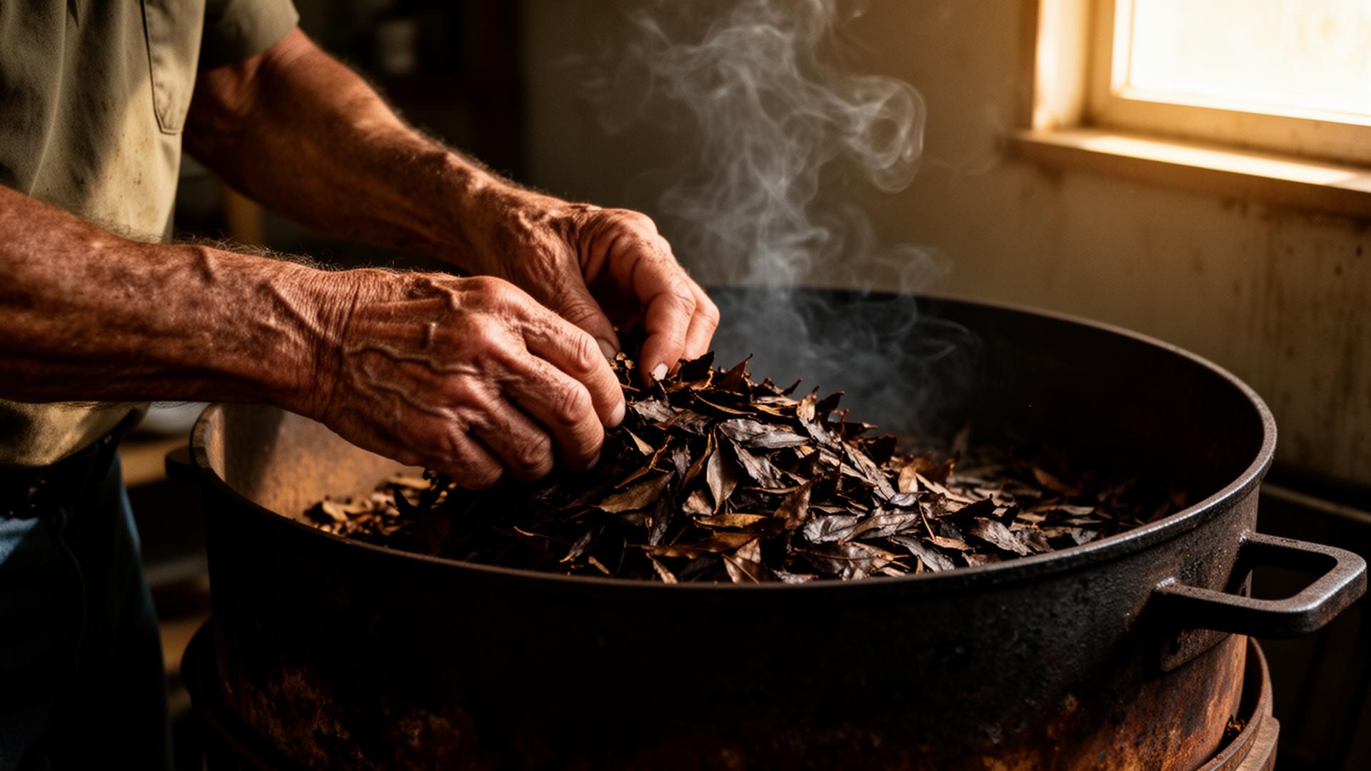 Weathered hands turning dark roasted yaupon leaves over a cast-iron drum, smoke rising in low side light