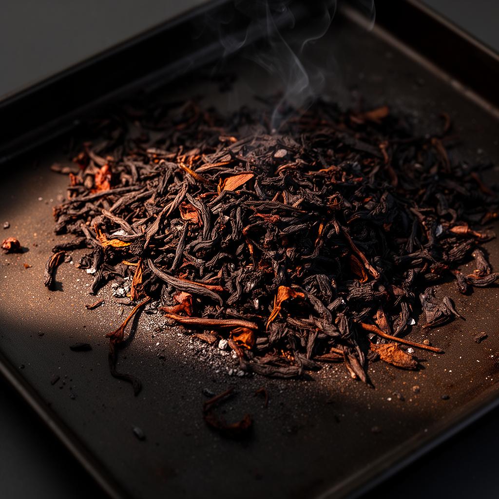Slow-roasted yaupon leaves on dark steel