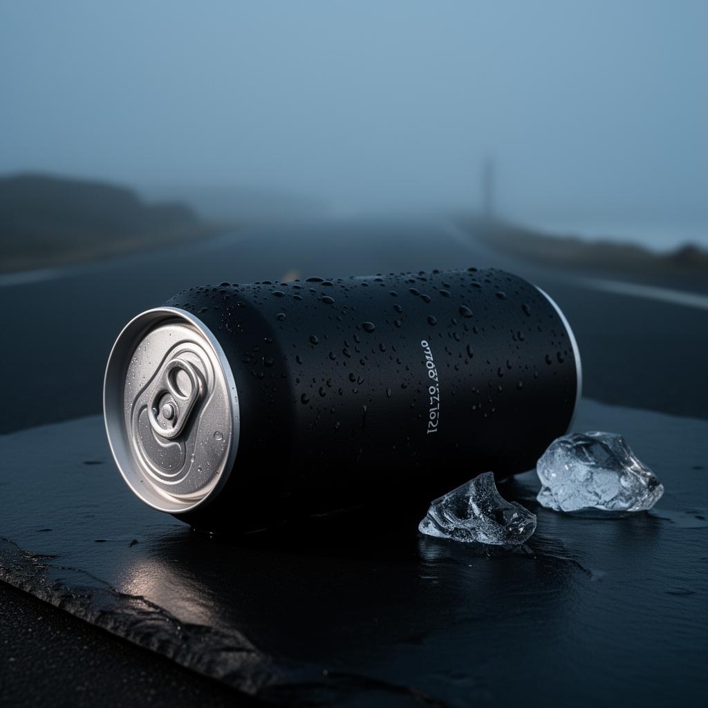 Matte-black 12oz aluminum can on wet polished slate, condensation beading along its length, melting ice beside it, coastal road dissolving into cool dawn fog