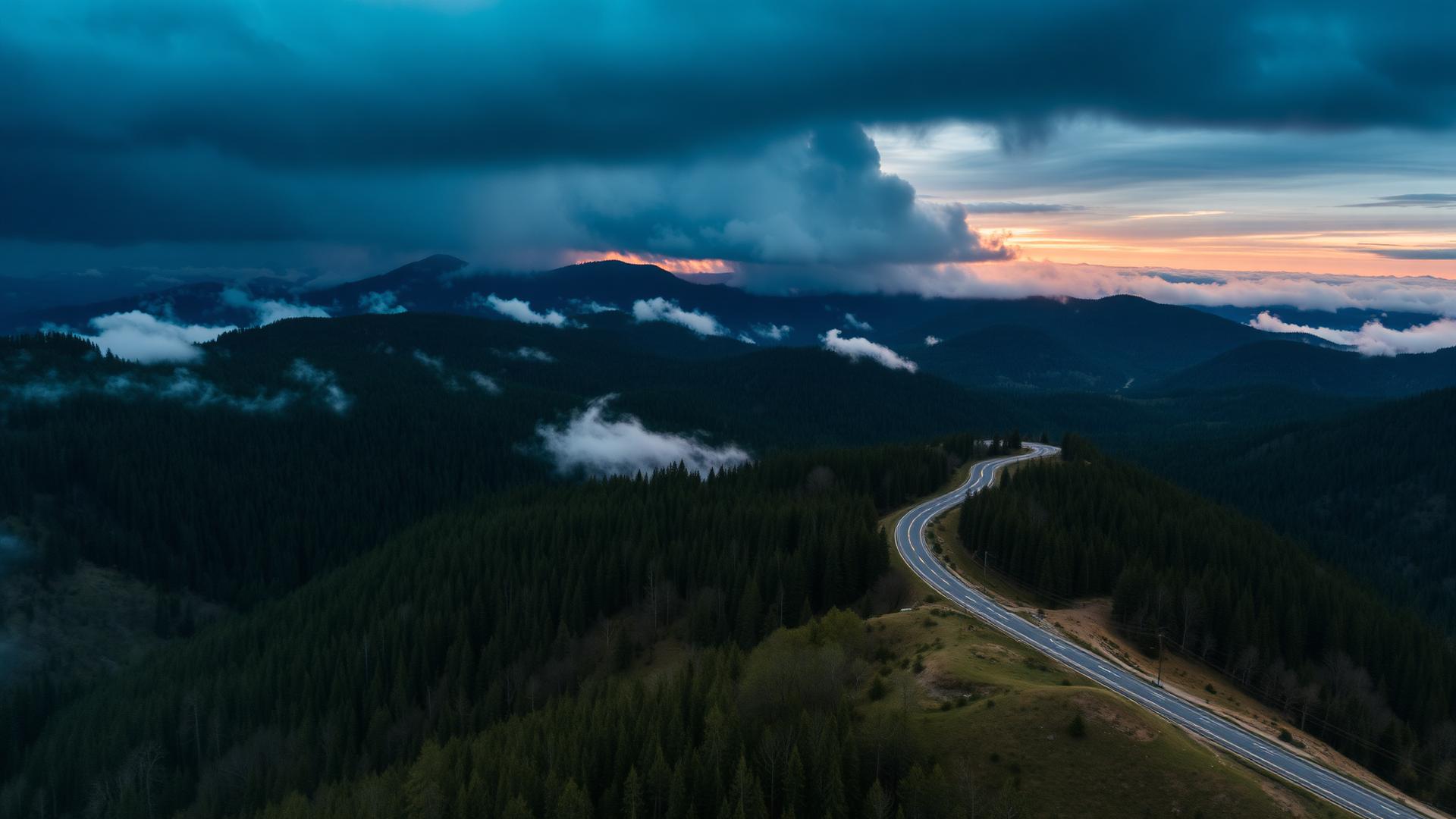 Aerial view of a remote winding road through misty Southern ridges at dusk