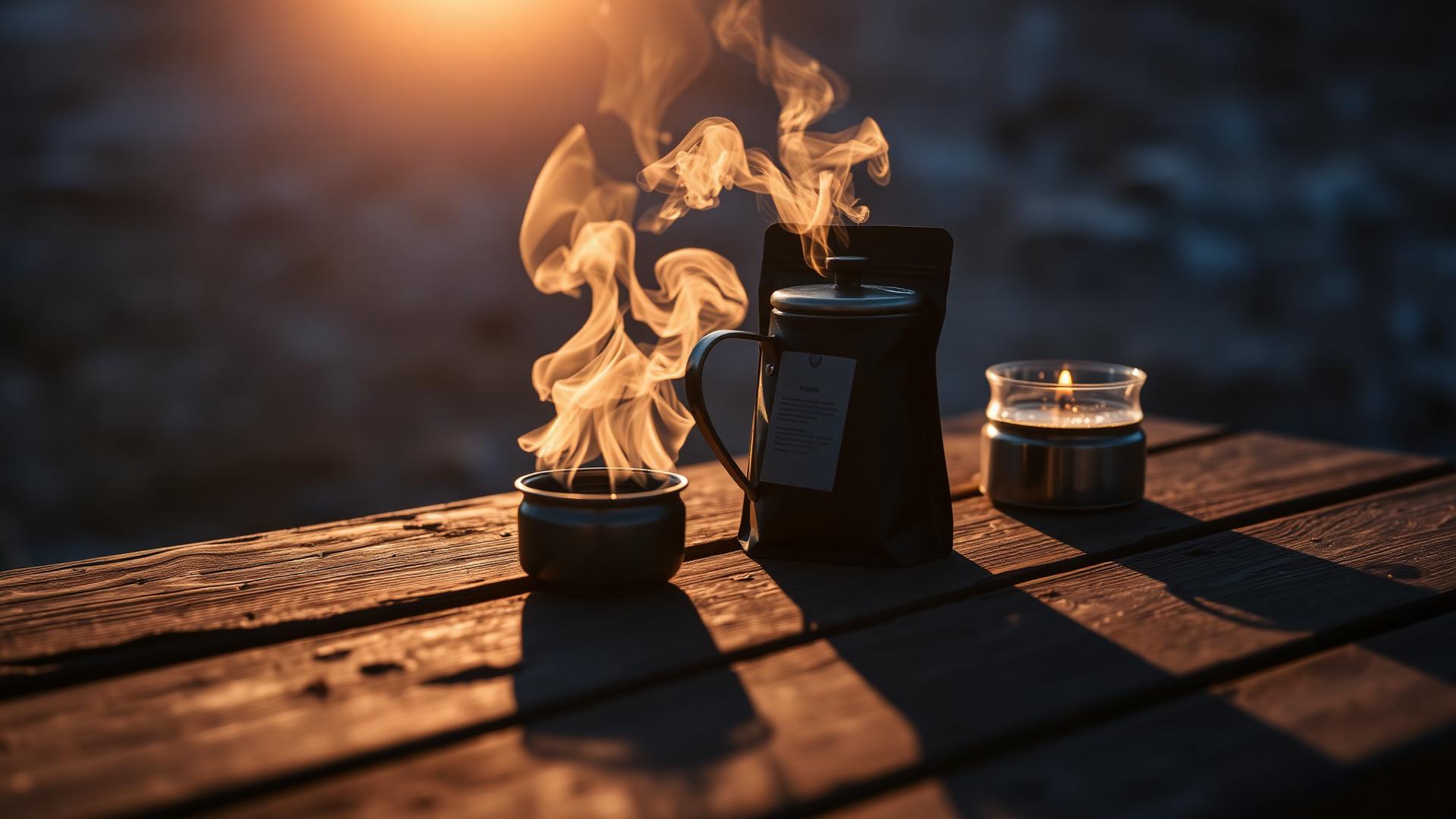 Steam rising from a brewing kettle on a camp table at dawn