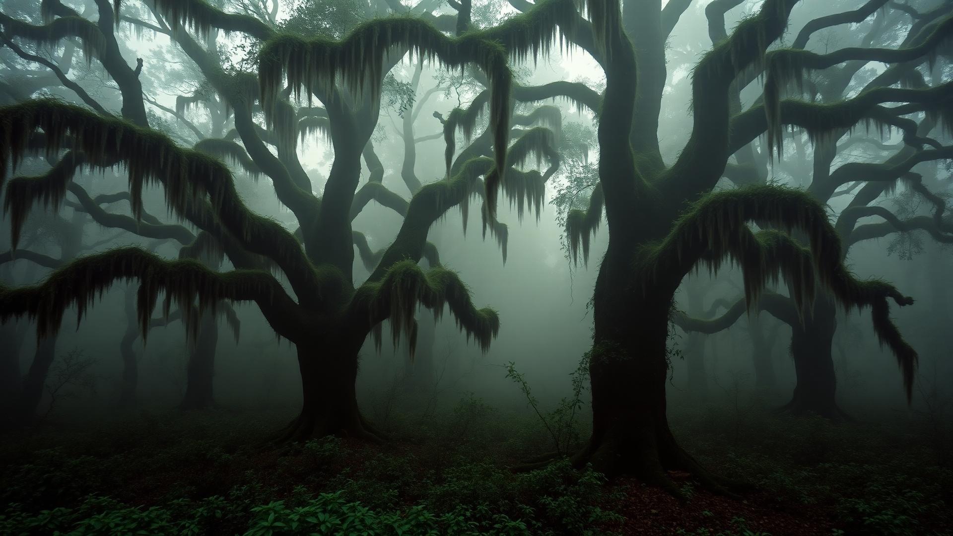 Misty live oak forest with yaupon understory at coastal dawn