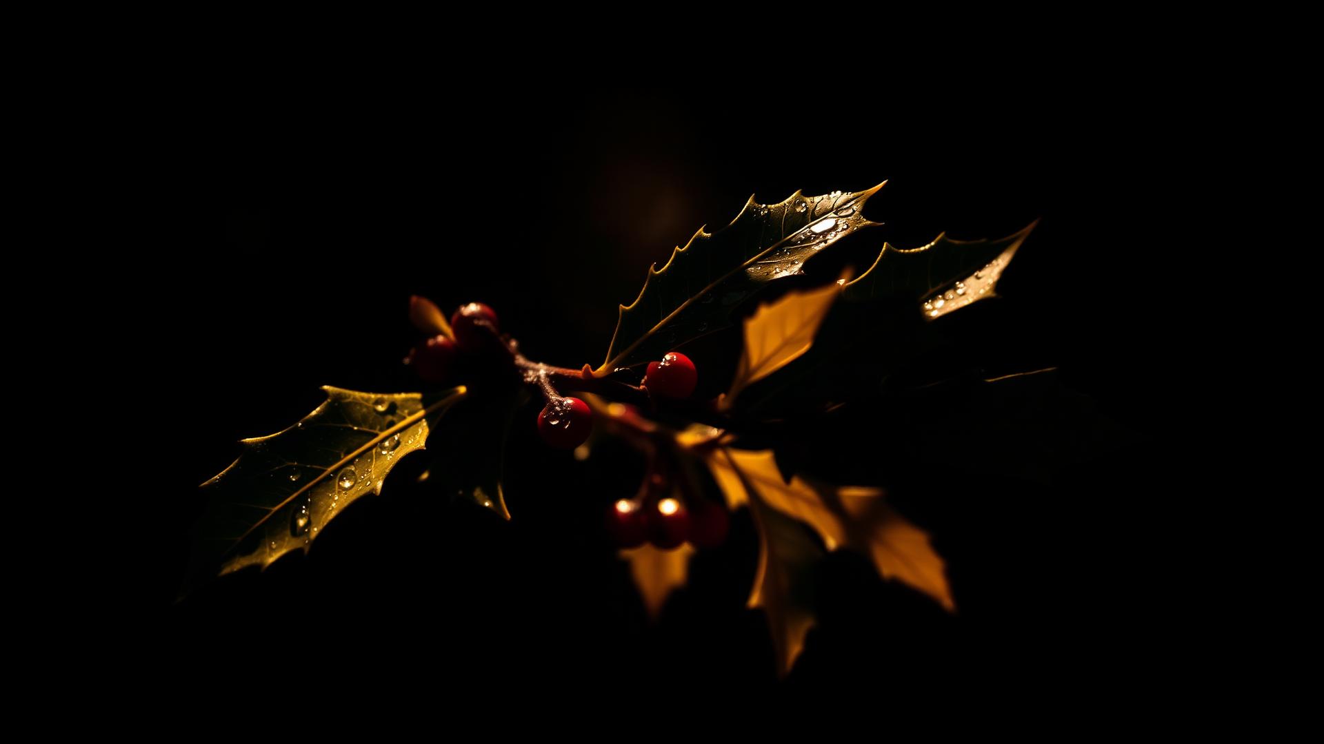 Yaupon holly leaves catching dramatic side light against deep shadow